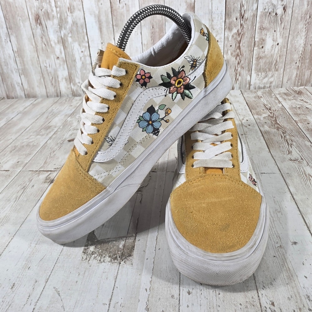 Vans Old Skool Mustard Yellow Suede Floral Bee Checkered Sneakers Womens 8 - Picture 8 of 8